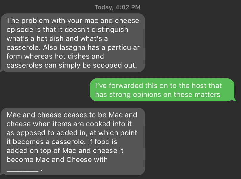Screenshot of text messages about mac & cheese